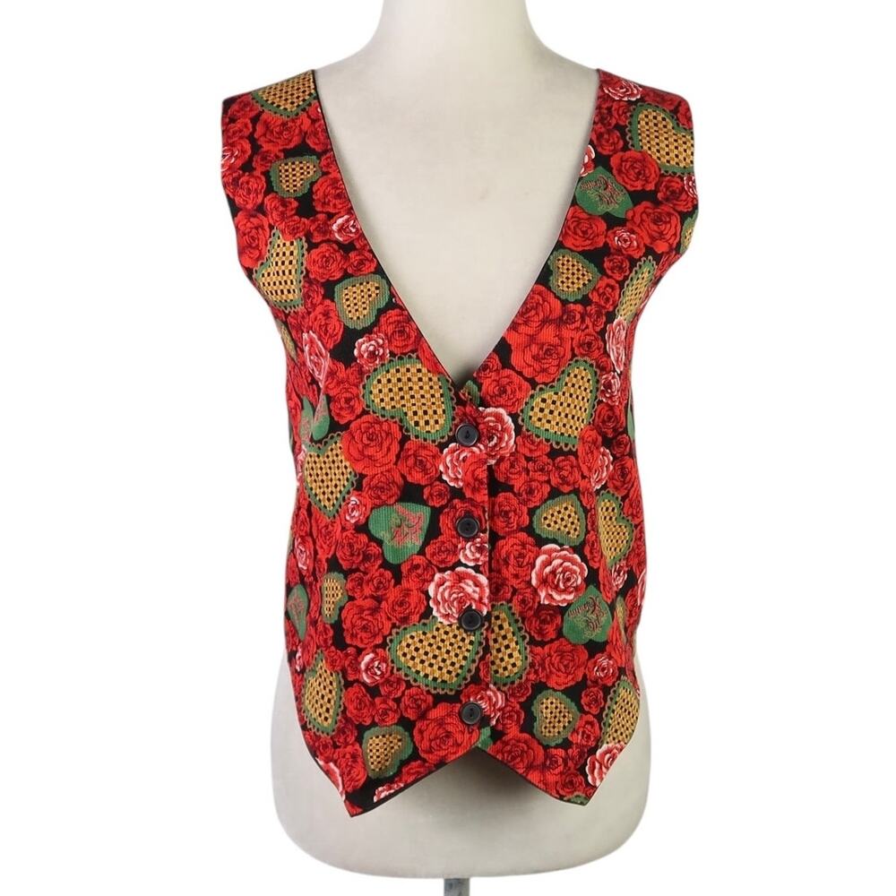 Vintage 90s Red Rose and Heart Print Vest Large